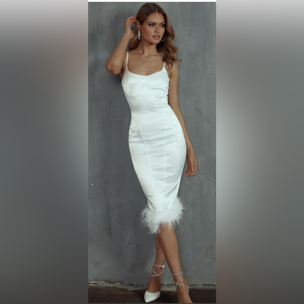 Selfie Leslie White Midi Dress with Feather Trim